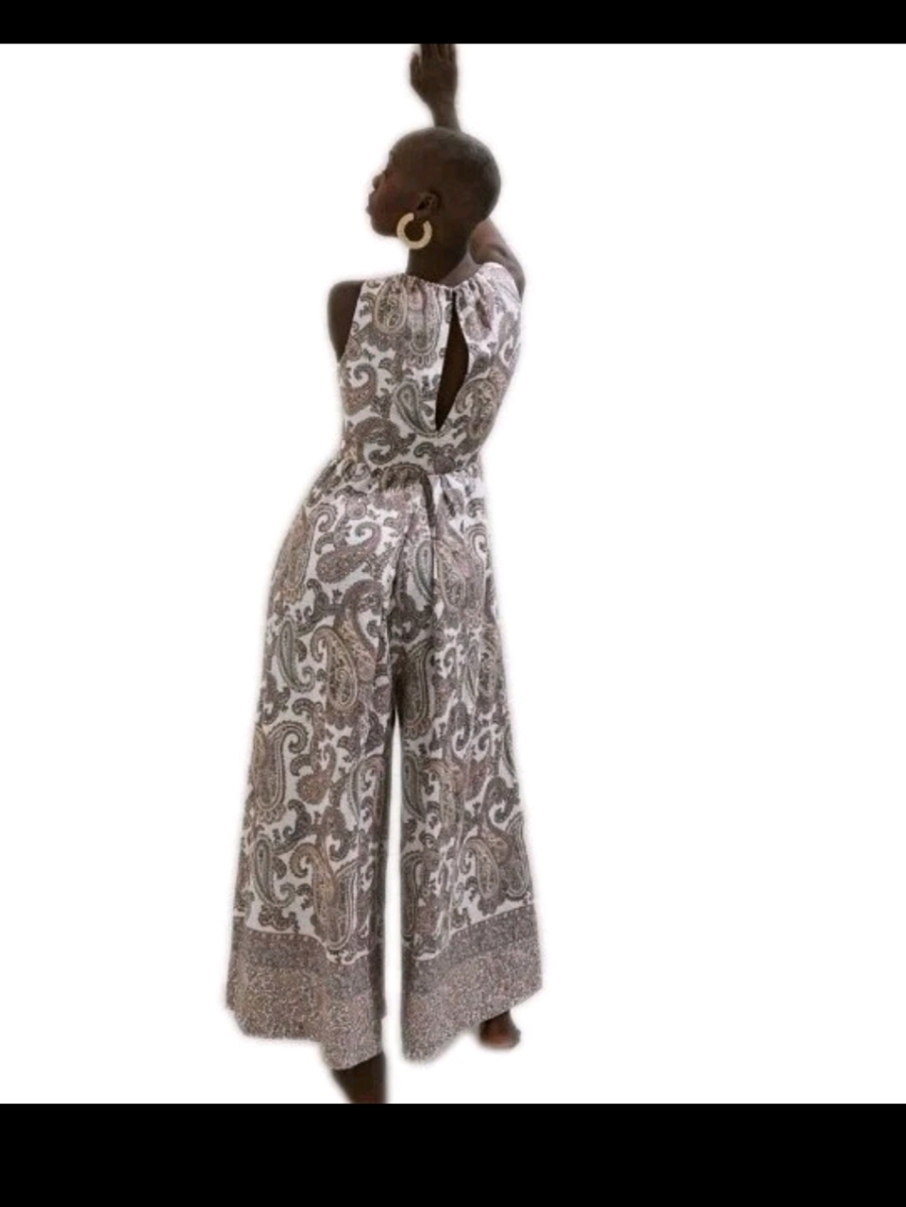 Bardot Paisley Sleeveless Extra Wide Leg Linen Dress Jumpsuit Tan White Sz S EUC - Picture 2 of 16